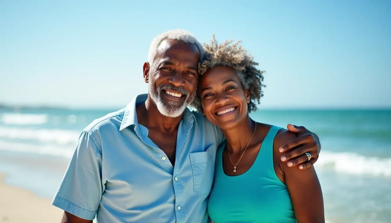Senior couple planning financial security on the beach