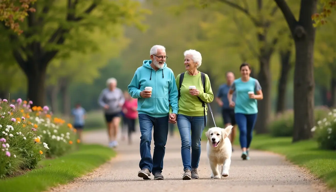 Senior couple enjoying retirement lifestyle with their dog